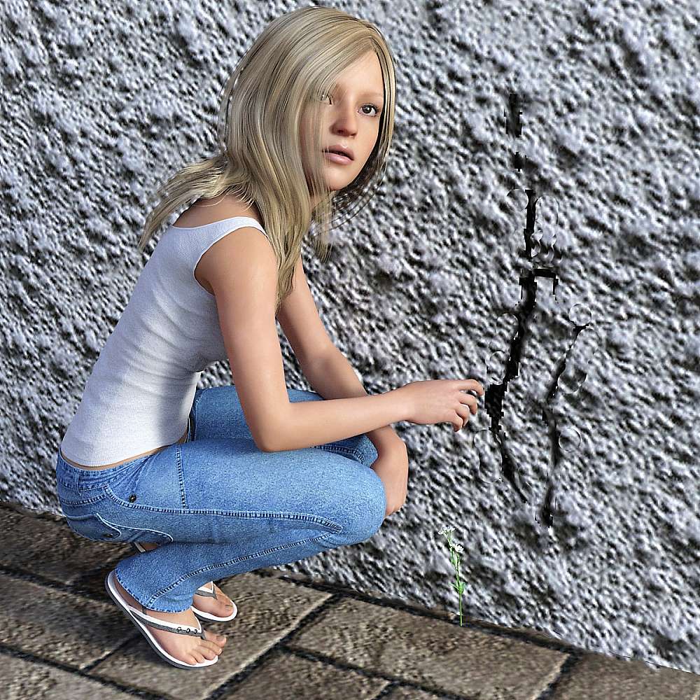 Girl crouching, looking at a crack in the wall