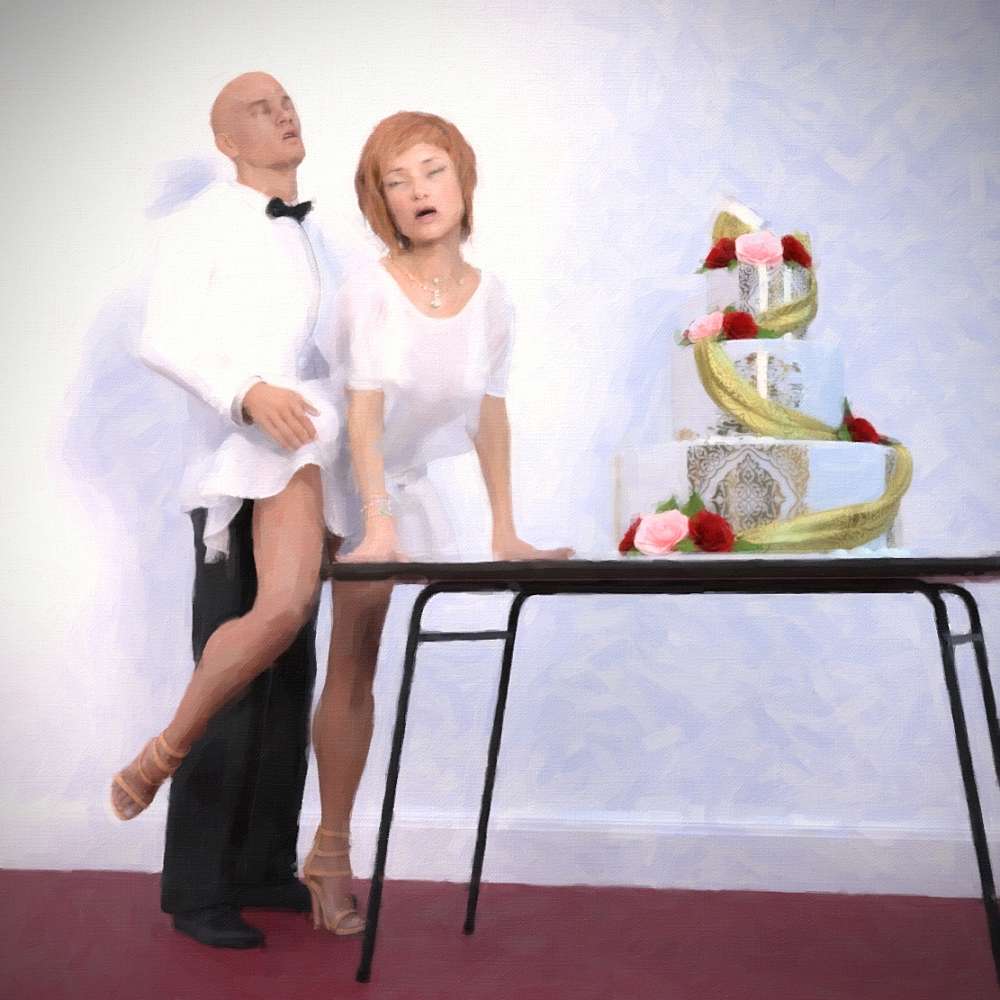 Painting of waiter fucking dressed woman from behind next to a big cake