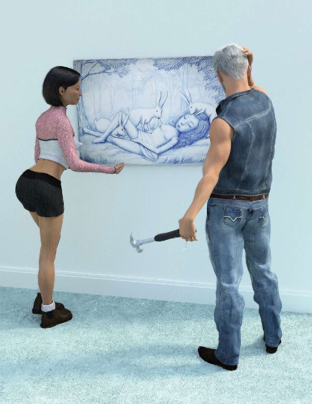 Man and woman looking at a painting on the wall