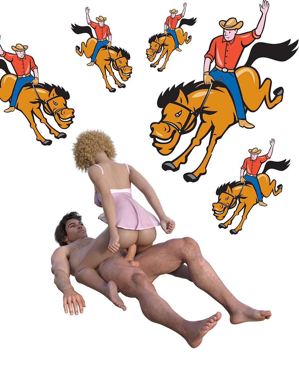 Girl riding a guy in cowgirl position, sourrounded by illustrations of cowboys on horses