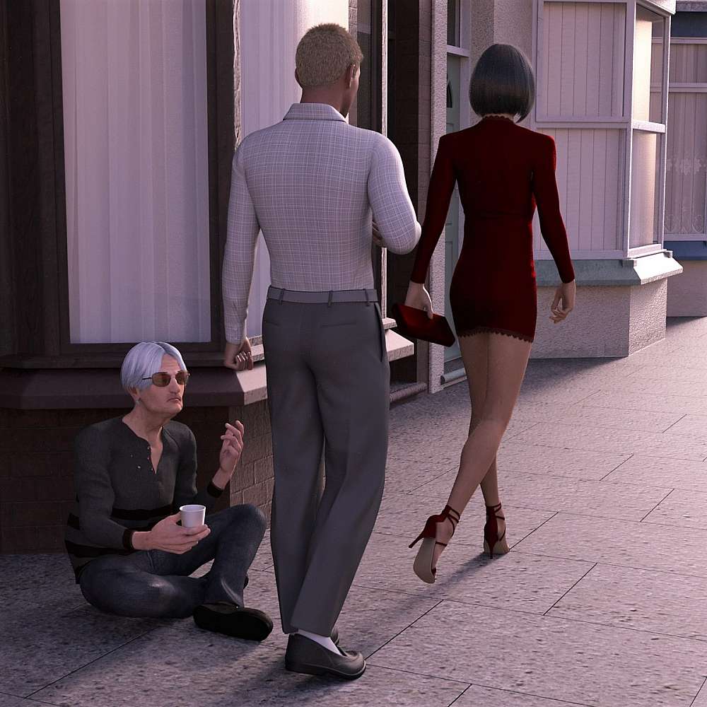 Man walking behind a woman in a short dress, with a begger on the side of the sidewalk