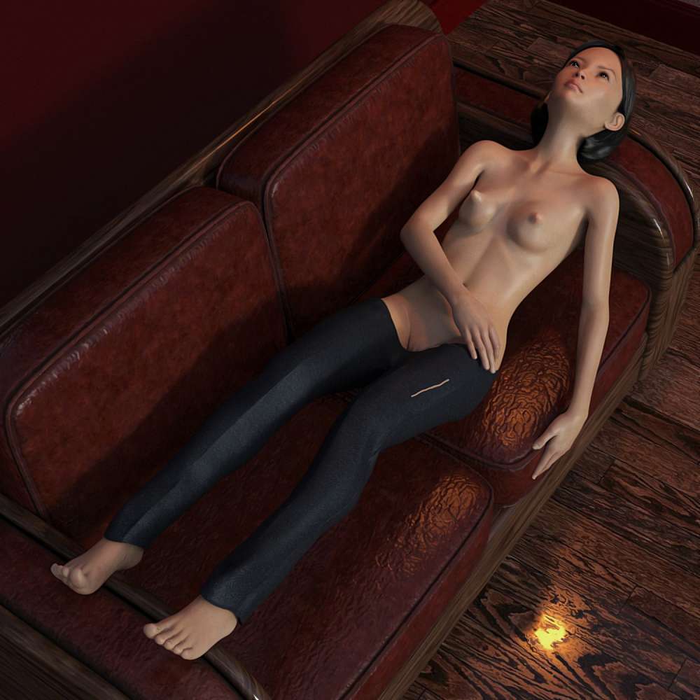 topless woman with very long nipples laying on couch