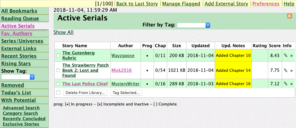 screen shot of the active serials list